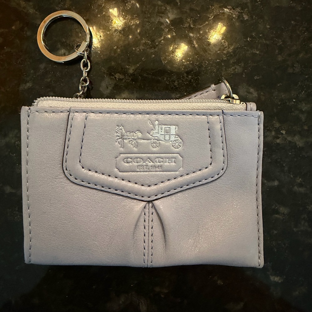 Coach Leather Zip Coin Card Case with Key Ring – Light Blue/Lavender